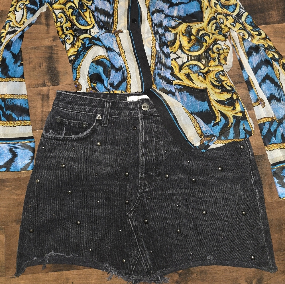 Reformation Stud Black Denim Mini [Size 29] Davidson Distressed Grunge Rock